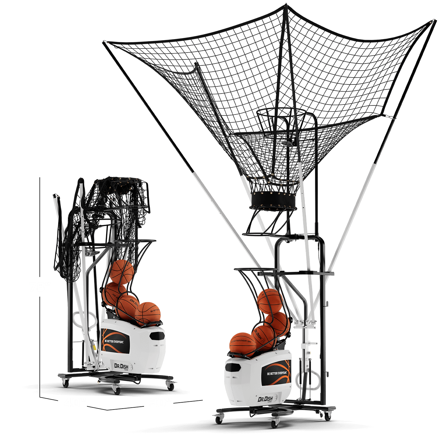 Dr. Dish Home Basketball Shooting Machine - Expanded and Collapsed with Measurements